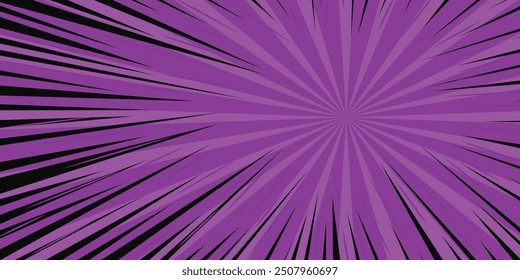 Purple radial dotted comic background. Speed lines wallpaper with pop art halftone texture. Anime cartoon rays explosion backdrop for poster, banner, print, magazine, cover. Vector illustration