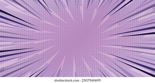 Purple radial dotted comic background. Speed lines wallpaper with pop art halftone texture. Anime cartoon rays explosion backdrop for poster, banner, print, magazine, cover. Vector illustration