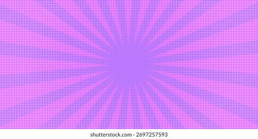 Fundo cômico pontilhado radial roxo. Papel de parede de linhas de velocidade com textura de meio-tom pop art. Anime desenhos animados pano de fundo de explosão para cartaz, banner, impressão, revista, capa. Ilustração vetorial