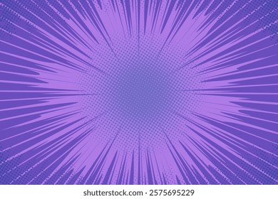 Purple radial halftone comic book style action line isolated on a violet background. Speed abstract explosive polka, fast boom zoom, manga comics action design frame. Vector illustration
