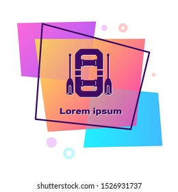 Purple Rafting boat icon isolated on white background. Inflatable boat with oars. Water sports, extreme sports, holiday, vacation, team building. Color rectangle button. Vector Illustration