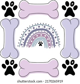 Purple rainbow with paws and bones, illustration for dog lovers