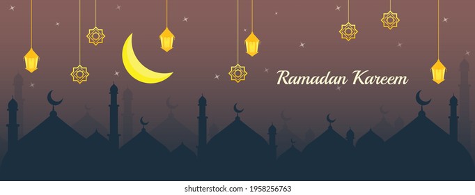 Purple Ramadan banner background template with navy mosque islamic illustration vector