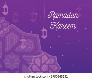 Purple Ramadan Kareem Flat Banner Template for Landing Page, Ads, Advertising, Greeting Card, Poster, and Others Media Promotion. Islamic Eid Fitr or Adha Flat Design Vector Illustration.