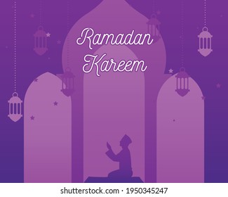 Purple Ramadan Kareem Flat Banner Template for Landing Page, Ads, Advertising, Greeting Card, Poster, and Others Media Promotion. Islamic Eid Fitr or Adha Flat Design Vector Illustration.