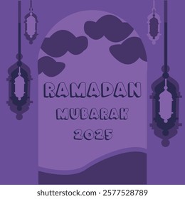 Purple Ramadan Mubarak 2025 window with lanterns and a cloudy sky background. A beautiful design to enhance Ramadan celebrations, perfect for cards, decorations, and social media post design projects.