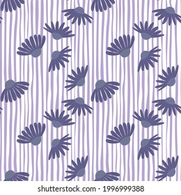 Purple random chamomile flowers silhouettes seamless doodle pattern. Striped white and blue background. Designed for fabric design, textile print, wrapping, cover. Vector illustration.