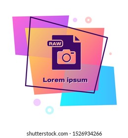 Purple RAW file document. Download raw button icon isolated on white background. RAW file symbol. Color rectangle button. Vector Illustration