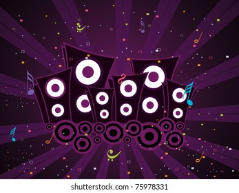 purple rays, colorful musical notes background with speakers