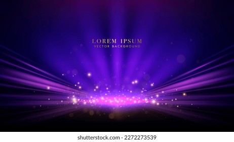 Purple rays and pink light beame with glitter light, sparkle glowing shiny dots effect, and bokeh decoration. Vector background