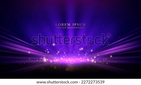 Purple rays and pink light beame with glitter light, sparkle glowing shiny dots effect, and bokeh decoration. Vector background