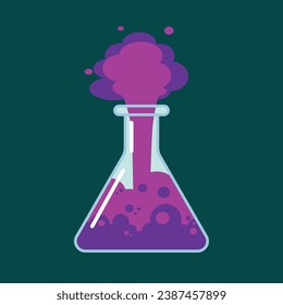 Purple reaction in a laboratory flask. Explosive chain reaction with the release of steam and spray. Liquid with bubbles, reagent, atoms and molecules. Chemistry.