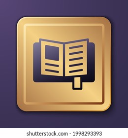Icono de libro de lectura púrpura aislado en fondo morado. Botón cuadrado de oro. Vector