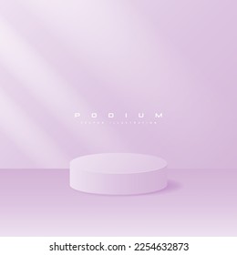 Purple realistic 3d cylinder pedestal podium in pastel colorful abstract rooms. Vector rendering geometric forms. Minimal scene. Stage for showcase, Mockup product display.