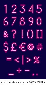Purple realistic neon font symbols and numbers. Vector isolated glowing neon numbers set. Use for bar signs, ads design.