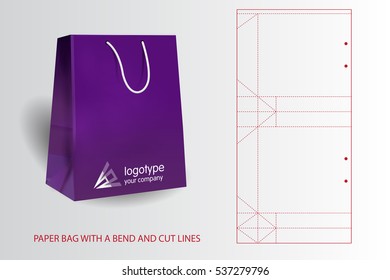 Purple realistic paper bag with a bend and cut lines.