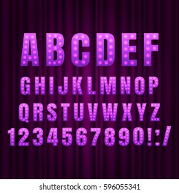 Purple Realistic retro gold lamp font letters. Broadway style light bulb alphabet in vintage casino and slots style.  Vector shine symbols with light and sparkles on curtains background show style
