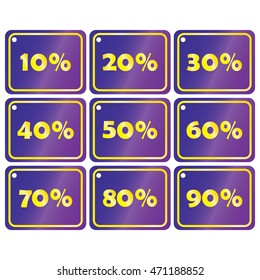 purple rectangle discount tag 10% - 90% set