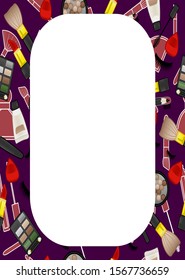 Purple rectangle vertical frame with beauty products pattern