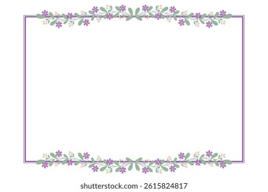 Purple Rectangle Wreath Border Frame With Green Leaves And Purple Flowers Decoration