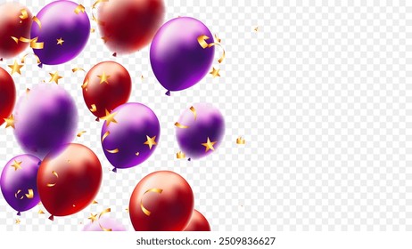 Purple, red balloons and gold confetti on transparent background. Vector illustration season