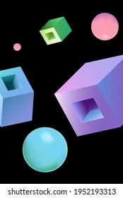 Purple and Red Box Plastic Vector Black Background. Perspective Block Brochure. Pink and Blue and Green Digital Presentation. Bright Cube Template.