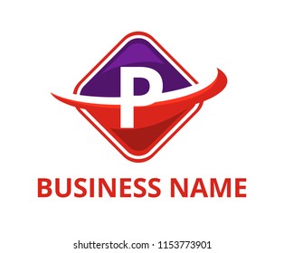 purple and red color circular square box get slice into half logo graphic design with modern clean style for technology industry company with initial type letter p on it