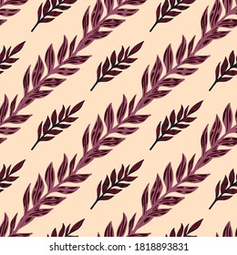 Purple and red colored leaves branches seamless pattern. Doodle nature ornament on light pink backgound. Decorative print for wallpaper, textile, wrapping paper, fabric print. Vector illustration.