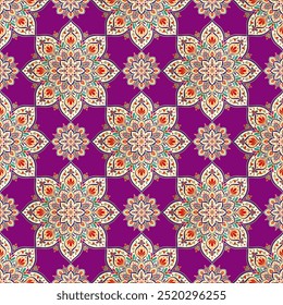 Lila, rot und gold nahtloses Muster mit Mandala-Ornament. Traditionelle arabische, indische Motive. Ideal für Stoff und Textilien, Tapeten, Verpackungen oder jede gewünschte Idee.