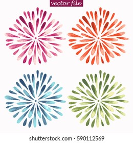 Purple, Red, Green, and Blue Watercolor Vector Sunburst Flowers. Spring daisy illustration in trendy colors. 