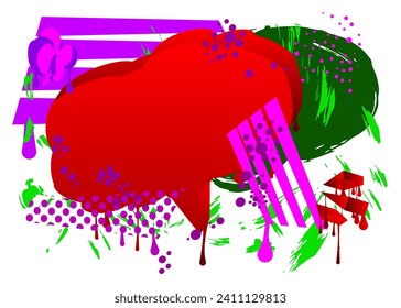 Purple, red, green graffiti speech bubble. Abstract modern Messaging sign street art decoration, Discussion icon performed in urban painting style.