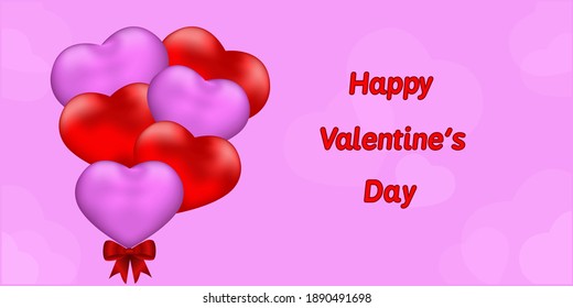 Purple and red heart shaped balloons for Valentine's Day. Vector illustration. Suitable for greeting cards, postcards, banners.
