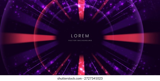 Raios de luz roxos e vermelhos girando sobre fundo escuro. Conceito de brilho de efeito de iluminação de tecnologia. Ilustração vetorial