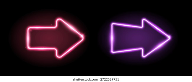 Purple and red neon arrow elements. Pink and purple glowing led direction sign. Shine arrowhead shape tube lamp. Bright luminous fluorescent pointers for banner, poster, logo. Vector neon led lights
