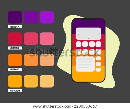 Purple red orange mobile app color palette, RGB warm codes for mobile application, cold colors catalog, design and edit idea, colour matching, harmonious colours palette sample for mobile phone app