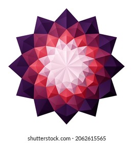 Purple red origami flower pattern mandala style. 3D geometric shapes. Element design for publication, cover, card, poster, fabric, flyer, banner, wall. Vector illustration.