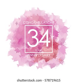 purple, red. and pink Abstract Watercolor 34 Years Anniversary. Paint Texture,Watercolor backdrop, Cloud and White Square Vector Illustration for Family, Shop, Business, Company, and Events