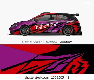 Purple and red race car design with black stripes and white text suitable for various automotive and racing themed projects.