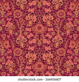 Purple - red seamless floral pattern, kalamkari style