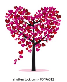 Purple and red tree with heart leaves, vector illustration