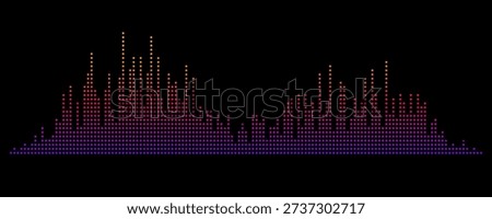 Purple red yellow abstract equalizer shape design. Dotted music sound wave element. Audio radio signal visualization concept. Shining digital voice assistant pattern. Song track sample player. Vector