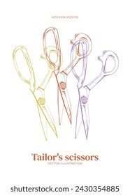 Purple, red, yellow tailor's scissors. Cut and sew to order. In engraving style. Vector illustration for a sewing atelier, workshop. Interior poster