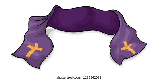 Purple religious stole decorated with golden crosses. Cartoon style design on white background.