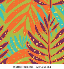 Purple Repeated Fashion Artistic Palm Fabrics Background. Pink Seamless Abstract Isolated Beach Leaves Wallpaper. Orange Repetitive Nature Jungle Paint Print.