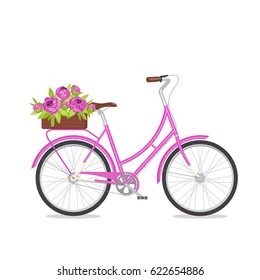 Purple retro bicycle with bouquet in box on trunk. Color bike isolated on white background. Flat vector illustration of cycle with flowers.