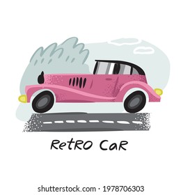 Purple retro car rides on the road with lettering. Vintage cute car for decoration of children's rooms, cards, posters, sticker. Banner concept of a good trip. Wall decor. Cartoon vector illustration