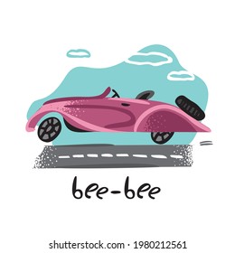 Purple retro car rides on the road with lettering. Vintage cute car for decoration of children's rooms, cards, posters, sticker. Banner concept of a good trip. Wall decor. Cartoon vector illustration
