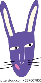Purple retro illustration of bunny with stupid face. Cartoon comic character doodle style illustration