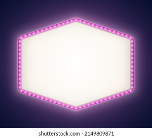 Purple retro lightbox with white light bulbs, vintage theater signboard mockup isolated on a dark background