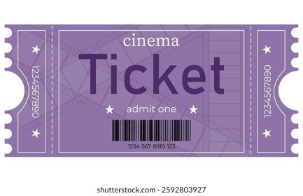 purple retro movie ticket with film strip and barcode template, movie ticket, film strip